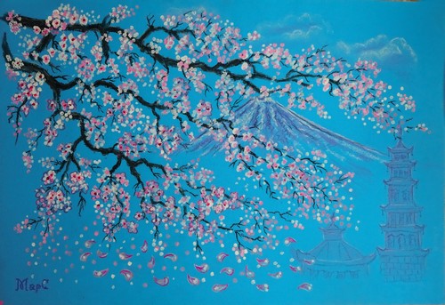 Фотография картины с изображением цветущей сакуры
